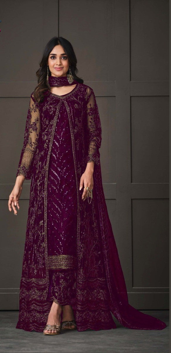 Beautiful Printed Shrug With Gown Set Maroon - Absolutely Desi